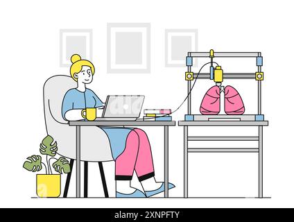 3d printing in medicine. Woman with printer prints heart internal organ. Modern technologies and innovations. Transplantation and biomedicine. Linear Stock Vector