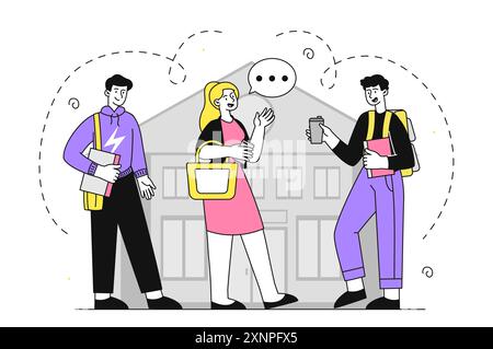 College students concept. Men and woman with books on background of college, school or university. Education, learning and training. Linear vector Stock Vector