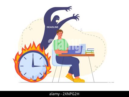 Man with deadline. Young guy with laptop sits near burning clock. Poor time management and inefficient work process organization. Worker with Stock Vector