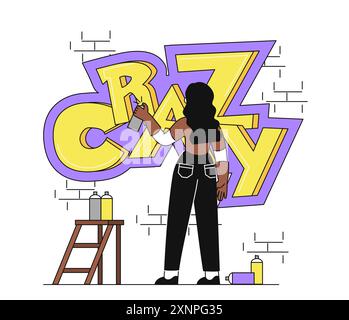 Woman painting graffiti at street. Young girl with spray paints inscriptions on wall. Street art and youth culture. Vandalism and hooliganism. Linear Stock Vector