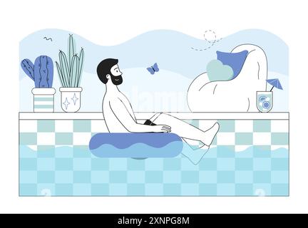 Man rest in pool. Young guy on inflatable blue lifebuoy in swimming pool. Tourist and traveler resting in hot weather and summer season. Linear vector Stock Vector