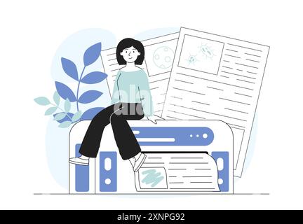 Woman with printer. Young girl sitting on large copy machine. Paperwork with documents. Manager, clerk or employee with photocopier. Linear vector Stock Vector