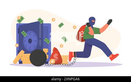 Thief steals money from safe. Man in black mask runs away with bag of banknotes and coins. Robber with weight on his leg, caught criminal. Flat vector Stock Vector