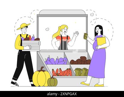 People at vegetable fair. Man and woman at fair buy natural and organic products. People in local farmers shop. Stall with pumpkins, potatoes, cabbage Stock Vector