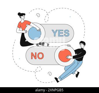 Toggle yes and no. Man and woman near agree and refuse buttons. UI and UX design elements for website and mobile application. Linear vector Stock Vector
