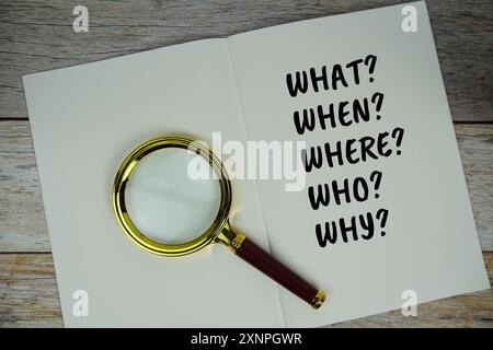 What When Where Who Why written on note page with  magnifying glass top view on wooden background Stock Photo