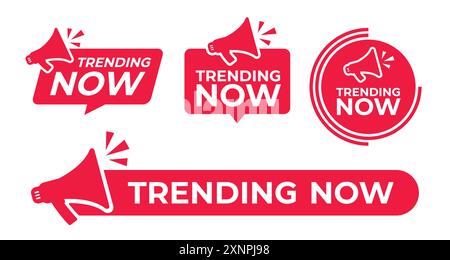 Trending now icon set with text and megaphone vector illustration. Simple, minimalist and modern Stock Vector