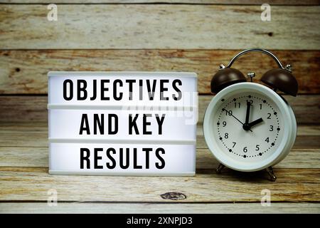 OKR - Objective Key Results text on LED lightbox with alarm clock on wooden background Stock Photo