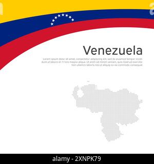 Venezuela flag, map background. State patriotic venezuelan banner, cover. Wavy ribbon color flag of venezuela on a white background. National poster Stock Vector