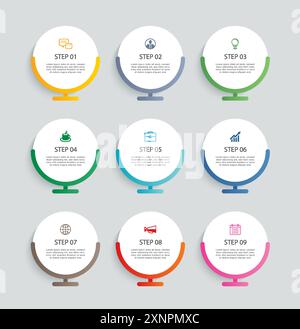 Infographics circle timeline with 9 number data template. Illustration abstract background. Stock Vector