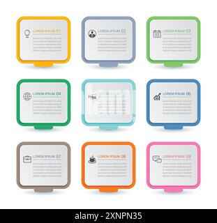 9 data infographics square layout paper template. Illustration business abstract background. Stock Vector