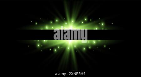 Green horizontal lensflare. Light flash with rays or green spotlight. Glow flare light effect. Vector illustration. Isolated on dark transparent Stock Vector