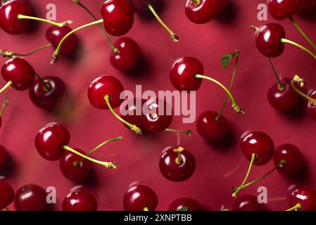 A dynamic image featuring a cluster of fresh, ripe cherries spread out against a vibrant red background. The cherries are plump and glossy, with brigh Stock Photo