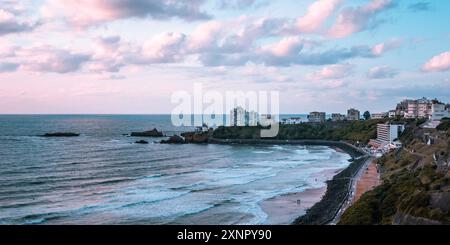 Panorama Sunset View of Biarritz, France with Virgin Rock in the background Stock Photo