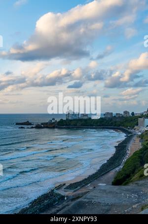 Panorama Sunset View of Biarritz, France with Virgin Rock in the background Stock Photo