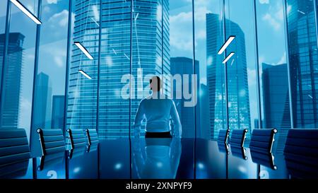 Businessman standing near the window and looking into it. Man stands near the stained glass .Back view of businessman standing in front of his office Stock Photo