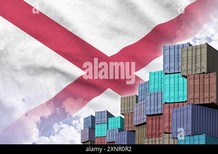 Alabama US state flag and big stack of shipping cargo containers in ...