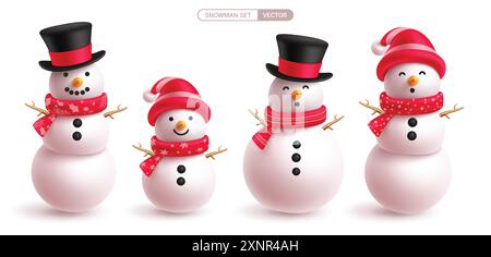 Christmas snowman characters vector set design. Snowman character wearing magician hat, red scarf and twig in funny, happy and smiling cute face Stock Vector