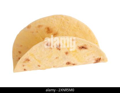 single empty tortilla, thin wheat flat bread isolated on white background, corn tortilla for prepared mexican food taco Stock Photo