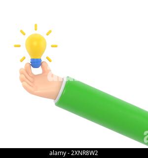 Cartoon Gesture Icon Mockup.3d icon hand holding light bulb gesture. cartoon great idea concept,3D rendering on white background. Stock Photo