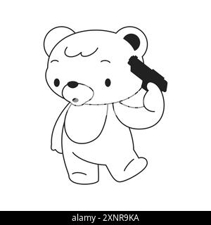 Y2k Kawaii cartoon teddy suicide with handgun neo gothic emo outline black icon vector flat illustration. Psychedelic bear toy shooting gun to yoursel Stock Vector