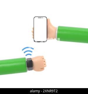 Cartoon Gesture Icon Mockup.3d icon nfc smart watch connected to phone. cartoon arm using wifi connection on wristwatch clock gesture,3D rendering on Stock Photo