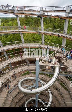 The tunnel slide and Viewing Platform at the end of the Elevated Hiking Path of Baumwipfelpfad Schwarzwald, in the Black Forest, Germany Stock Photo