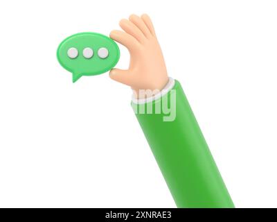 Cartoon Gesture Icon Mockup.3d hand holding chat bubble icon. Message in fingers,communication concept,3D rendering on white background. Stock Photo