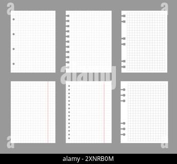 Set of notebook sheets isolated on gray background. Realistic white blanks of checkered paper. Different vertical pages from diary. Vector template Stock Vector