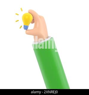 Cartoon Gesture Icon Mockup.3d icon hand holding light bulb gesture. cartoon great idea concept,3D rendering on white background. Stock Photo