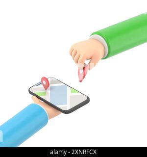 Cartoon Gesture Icon Mockup.Isometric phone and GPS mobile navigation,isometric hands holding smartphone with mark on the map,3D rendering on white ba Stock Photo