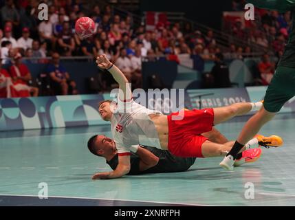 August 02 2024: Mathias Gidsel (Denmark) shoots on goal during a Olympic Handball - Group A game, Denmark and Hungary, at Paris South Arena, Paris, France. Ulrik Pedersen/CSM Credit: Cal Sport Media/Alamy Live News Stock Photo