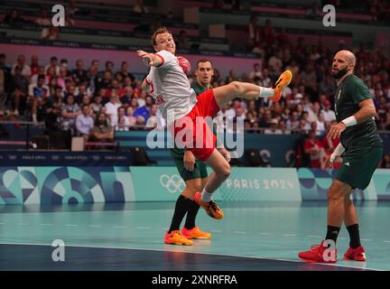 August 02 2024: Mathias Gidsel (Denmark) shoots on goal during a Olympic Handball - Group A game, Denmark and Hungary, at Paris South Arena, Paris, France. Ulrik Pedersen/CSM Credit: Cal Sport Media/Alamy Live News Stock Photo