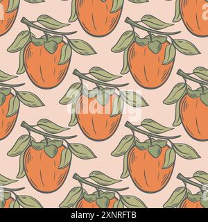 Colorful background with persimmon on branch with leaves. Seamless pattern ripe fresh persimmon on soft orange fill. Vintage fruit print for design Stock Vector