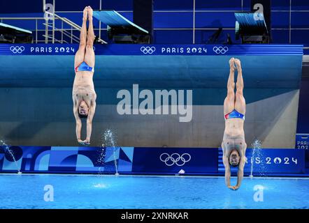 France's Jules Bouyer and Alexis Jandard during the Men's Synchronised 3m Springboard Final at the Aquatics Centre on the seventh day of the 2024 Paris Olympic Games in France. Picture date: Friday August 2, 2024. Stock Photo