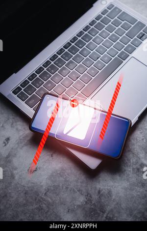 Alert mail inbox on smartphone from spam virus. Caution notification message on phone to protect digital devices from malware. Junk and trash email. Stock Photo