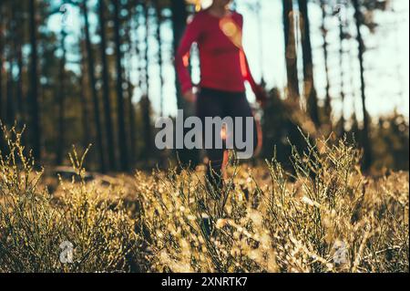 Basic Workout - Woman running off-trail in Nordic forest Stock Photo
