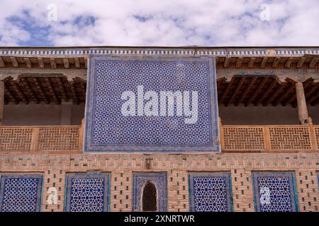 A building with blue tiles and a white roof Stock Photo