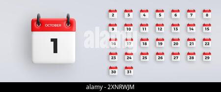 3D calendar icon with date from 1 to 31 of October on gray background. Vector schedule symbol collection. Stock Vector