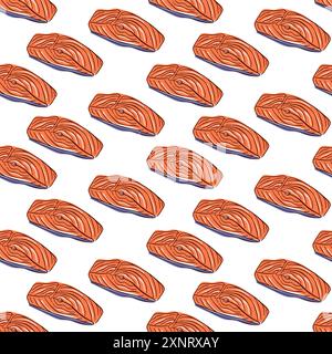 Seamless Salmon pattern in flat style. Piece of red fish. Food design for wallpaper, textile, wrapping, menu. Vector illustration on a white Stock Vector