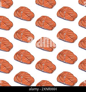 Salmon steak seamless pattern in flat style. Abstract salmon meat design for Japanese seafood restaurant, menu, packaging. Vector illustration on a Stock Vector