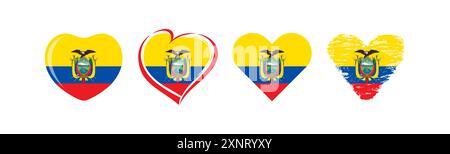 Big set of isolated hearts with Ecuadorian flag background. Creative emblem, business logo, sport icon, travel symbol, political sign. Stock Vector