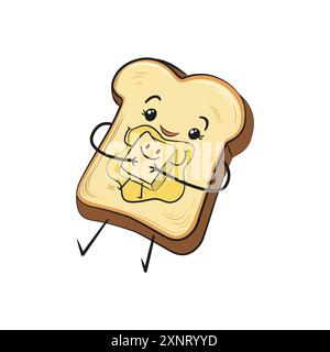 Funny cartoon of a happy bread slice in a plate hugging butter. Vector illustration for tshirt, website, clip art, poster and print on demand merchand Stock Vector