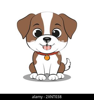 Cute playful sitting puppy in cartoon style. Vector illustration for tshirt, website, clip art, poster and print on demand merchandise. Stock Vector