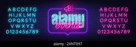 Upcoming Events neon sign in speech bubble on brick wall background. Light text announcement. Stock Vector