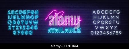 Now Available Neon Sign on brick wall background Stock Vector