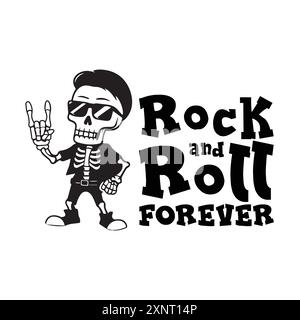 Cute cool skeleton with sunglasses showing rock hand symbol with a funny quote rock and roll forever. Vector illustration for tshirt POD merch Stock Vector