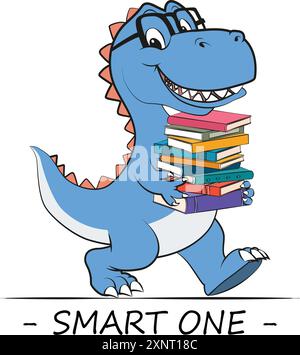 Funny cartoon of a happy smart dinosaur walking with books in hands with a quote smart one. Vector illustration for tshirt print on demand merch Stock Vector