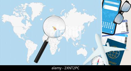 Moldova is magnified over a World Map, illustration with airplane, passport, boarding pass, compass and eyeglasses. Vector illustration. Stock Vector
