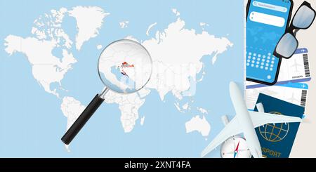 Croatia is magnified over a World Map, illustration with airplane, passport, boarding pass, compass and eyeglasses. Vector illustration. Stock Vector